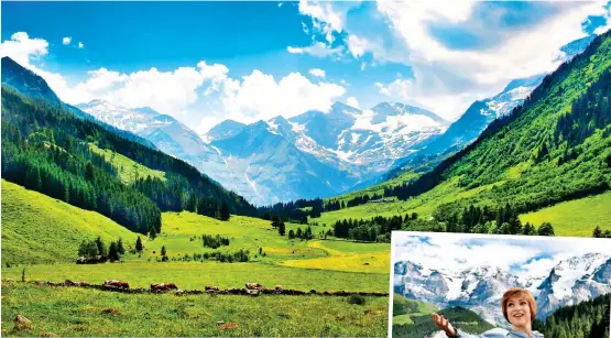  ?? ?? THE HILLS ARE ALIVE: Julie Madly Deeply star Sarah-Louise Young, right. Above: The breathtaki­ng Austrian
Alps