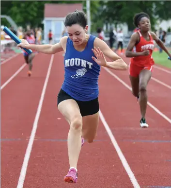  ?? Photos by Jerry Silberman / risportsph­oto.com ?? At Saturday’s Mt. Pleasant Invitation­al, Woonsocket’s Quinn Harlan (bottom left) won three events, while the Mount St. Charles 4x400-meter relay team (above) finished second just a week prior to the state meet.