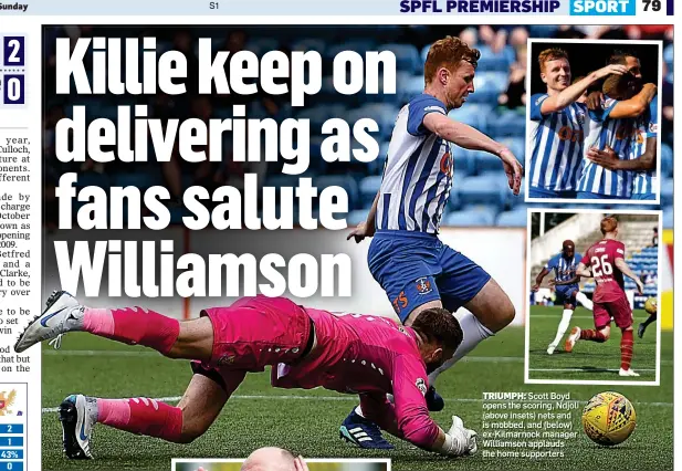  ??  ?? TRIUMPH: Scott Boyd opens the scoring, Ndjoli (above insets) nets and is mobbed, and (below) ex-Kilmarnock manager Williamson applauds the home supporters