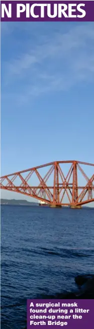  ??  ?? A surgical mask found during a litter clean- up near the Forth Bridge