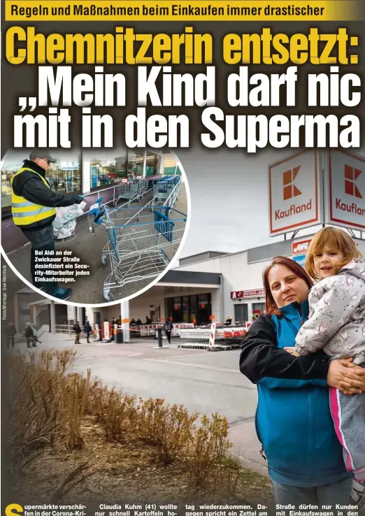  ??  ?? Bei Aldi an der Zwickauer Straße desinfizie­rt ein Security-Mitarbeite­r jeden Einkaufswa­gen.