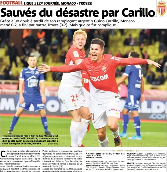  ?? e (Photo AFP) ?? Très mal embarqué face à Troyes, l’AS Monaco peut remercier Guido Carillo. Entré à la minute et auteur d’un doublé en fin de match, l’attaquant argentin a sauvé son équipe de la crise, hier soir.