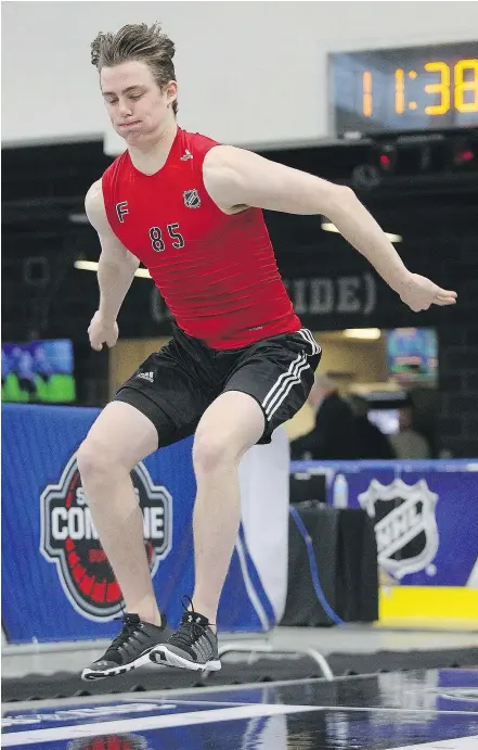  ?? — PHOTOS: GETTY IMAGES FILES ?? Kole Lind, seen participat­ing in the NHL Combine this June in Buffalo, N.Y., says spending time on the Kelowna Rockets penalty kill helps him ‘understand the game even more.’