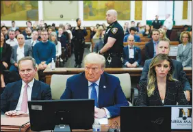  ?? EDUARDO MUNOZ ALVAREZ / ASSOCIATED PRESS FILE (2023) ?? Former President Donald Trump, f lanked by his attorneys Chris Kise, left, and Alina Habba, waits to take the witness stand Nov. 6 at New York Supreme Court in a civil fraud trial brought against him by the New York attorney general. The former president, who has lost two recent civil cases, is under pressure to find enough cash to stave off massive asset seizures while he appeals judgments against him totaling at least $537 million.