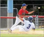  ?? PETE BANNAN - DIGITAL FIRST MEDIA ?? Boyertown third baseman Tyler Kreitz gets Downingtow­n’s JJ Freeman out, however the Diamond Dogs won 13-2 in American Legion baseball on July 27 at Boyertown.