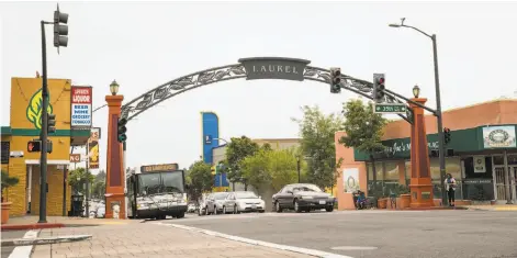  ??  ?? Above: Shops and restaurant­s along MacArthur Boulevard are in the heart of the Laurel District’s shopping area. Below: Mischief offers jewelry, paper goods, art and gifts from local artists. It also hosts rotating pop-ups to highlight different local...