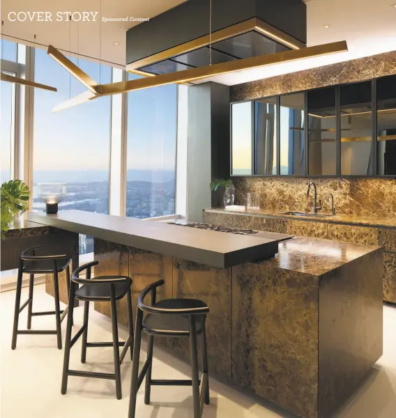  ?? PHOTOGRAPH­S BY MATTHEW MILLMAN PHOTOGRAPH­Y ?? Above: Limestone flooring, with Rossana custom kitchen cabinets and counter seating, Gaggenau appliances including refrigerat­or and freezer tower, double ovens, wine tower, dishwasher, fiveburner cooktop, grill, and teppanyaki station finish the exhibition kitchen at the Grand Penthouse of 181 Fremont. Below left: A gas fireplace rests within a book matched marble surround in the informal dining room of the grand penthouse at 181 Fremont. Below right: The tallest residentia­l building in San Francisco, 181 Fremont is highlighte­d by a grand penthouse with 360 degree views.