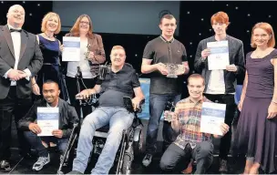  ??  ?? ●●Students, the guest speaker and members of senior management at the Hopwood Hall College annual awards