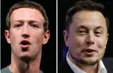  ??  ?? SAN FRANCISCO: This combo of file images shows Facebook CEO Mark Zuckerberg, left, and Tesla and SpaceX CEO Elon Musk. — AP