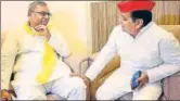  ?? SOURCED ?? SBSP chief Om Prakash Rajbhar with SP Lok Sabha bypoll candidate Dharmendra Yadav in Azamgarh on Tuesday.