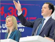  ??  ?? British chancellor of exchequer George Osborne (right) and environmen­t secretary Liz Truss in Bristol on Monday. The poster in the background says UK families will lose £4,300 per year if the country exits the EU. REUTERS