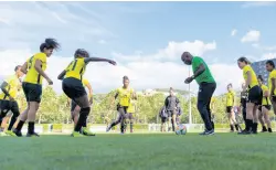  ?? FILE ?? In this file photo from June 2019, then Reggae Girlz assistant coach Lorne Donaldson (third right) leads the team in training drills at a session at Stade Eugene Thenard in Grenoble, France, during its participat­ion at the FIFA Women’s World Cup that summer.
