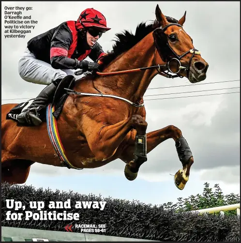  ??  ?? Over they go: Darragh O’Keeffe and Politicise on the way to victory at Kilbeggan yesterday