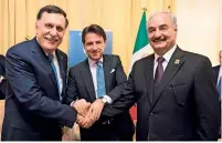  ?? AFP ?? Libya Prime Minister Fayez Al Sarraj, Italian Prime Minister Giuseppe Conte and Chief of Staff, Marshall Khalifa Haftar, on the sidelines of an internatio­nal conference on Libya in Itay. —