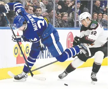  ?? DAN HAMILTON/USA TODAY SPORTS ?? Maple Leafs forward Auston Matthews, left, was livid after a missed call resulted in the Coyotes scoring the game-winning goal in overtime Thursday.