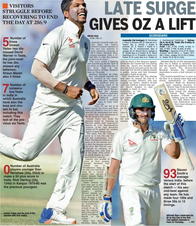  ?? — PTI ?? Mitchell Starc celebrates his 50 on Day One of the first Test against Australia in Pune on Thursday. Steven Smith’s average versus India, before the start of this match — his second-best against any team. He has made four 100s and three 50s in 12...