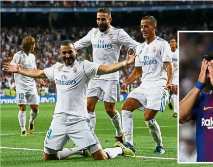  ??  ?? Clear favourites: Real Madrid’s Karim Benzema (front) celebratin­g after scoring the second goal against Barcelona in the Spanish Super Cup tie at the Bernabeu last Sunday. Inset: Barcelona’s Lionel Messi (right) and Luis Suarez react during the match....