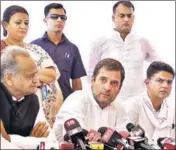  ?? ANI ?? Congress chief Rahul Gandhi, Rajasthan CM Ashok Gehlot (left) and deputy CM Sachin Pilot (right) address a press conference after meeting the Alwar gang-rape survivor on Thursday.