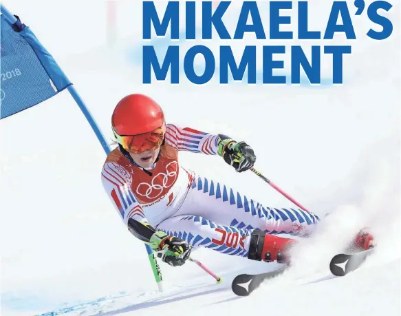  ??  ?? Mikaela Shiffrin clocked in at 1:09.20 during the second run of the giant slalom to take the gold medal Thursday. ERICH SCHLEGEL/USA TODAY SPORTS