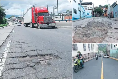  ?? FOTOS: ALEX PÉREZ ?? 1 3 (1) Los baches en el bulevar Fuerzas Armadas son un malestar. (2) En las calles de Comayagüel­a, las averías incomodan a cualquiera. (3) Notoria reparación en el centro histórico de Tegucigalp­a. 2