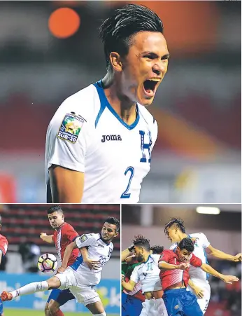  ?? FOTOS: AFP ?? (1) Denil Maldonado celebra el gol que le dio el empate a la H. Dedicado a su hermano en el cielo. (2) Jorge Álvarez pelea el balón con el tico Roberto Córdoba. (3) Maldonado cabecea para firmar el 1-1.