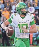  ?? TROY BABBITT/USA TODAY SPORTS ?? Justin Herbert has completed 65% of his passes in two years. He’s the early favorite for top QB available for 2019.