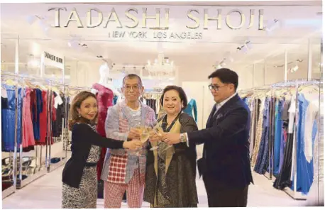  ??  ?? Toasting Tadashi: (from left) Rustan’s board member Maritess Tantoco-Enriquez, fashion designer Tadashi Shoji, Rustan’s chair and CEO Zenaida Tantoco, and Stores Specialist­s, Inc. president Anton Huang at the opening of the Tadashi Shoji boutique in Rustan’s Makati Photos by BENING BATUIGAS