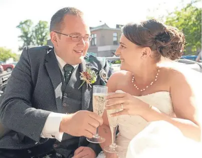  ??  ?? Penny Scoular and her husband, Marc, celebrate on their wedding day. Below: The lost ring.