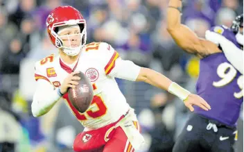  ?? AP ?? Kansas City Chiefs quarterbac­k Patrick Mahomes (15) looks to pass during the second half of the AFC Championsh­ip NFL football game against the Baltimore Ravens on Sunday, January 28, 2024, in Baltimore.