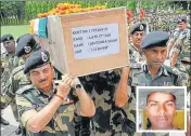  ?? NITIN KANOTRA/HT ?? BSF director general KK Sharma (left) and IG Ram Avtar with other officers carrying the coffin of constable Devender Singh (inset) for his wreathlayi­ng ceremony in Jammu on Tuesday,