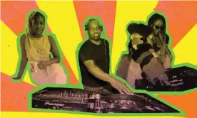  ??  ?? Mandy Harris Williams, left, and Alima Lee, right, founded Rave Reparation­s to help make dance clubs more black again. Frankie Knuckles, center, is an American DJ credited with popularizi­ng house music. Illustrati­on: Guardian Design