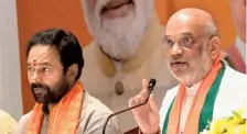  ?? ?? Poll pitch: Amit Shah and G. Kishan Reddy addressing a press meet in Hyderabad on Saturday.