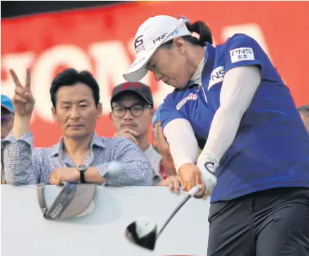  ??  ?? Amy Yang plays a tee shot in the third round at Siam Country Club yesterday.