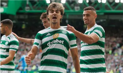  ?? ?? Jota celebrates his spectacula­r goal against Aberdeen with Liel Abada. Photograph: Steve Welsh/Getty Images