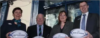  ??  ?? Gorey President, Frank Deering, and club Secretary, Trysh Sullivan, being presented with match balls by Bank of Ireland’s Rosaleen O’Grady (left) and Tony O’Leary (right) for Sunday’s game.