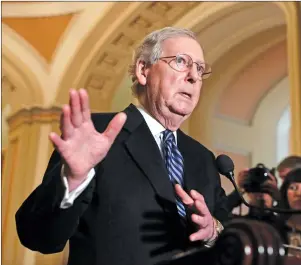  ?? AP PHOTO ?? Senate Majority Leader Mitch McConnell, R-Ky., speaks to reporters ahead of President Donald Trump’s first State of the Union address, at the Capitol in Washington, Tuesday.