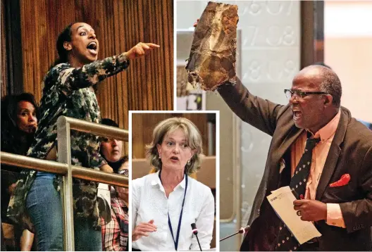  ??  ?? Fury: Grenfell survivors, left and right, called for council leader Elizabeth Campbell, centre, to resign at the meeting