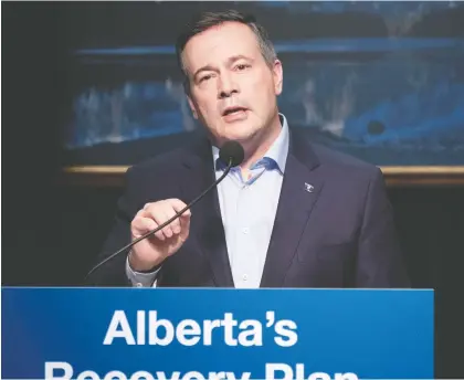  ?? CHRIS SCHWARZ/GOVERNMENT OF ALBERTA ?? Premier Jason Kenney answers questions Monday after announcing “the largest infrastruc­ture build in Alberta’s history” as part of the government’s plan to stimulate a provincial economy battered by the pandemic and the crash in oil prices.
