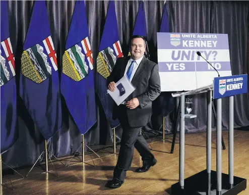  ?? JEFF MCINTOSH / THE CANADIAN PRESS ?? Alberta PC Party leader Jason Kenney arrives Saturday to announce the results of the referendum on unity.