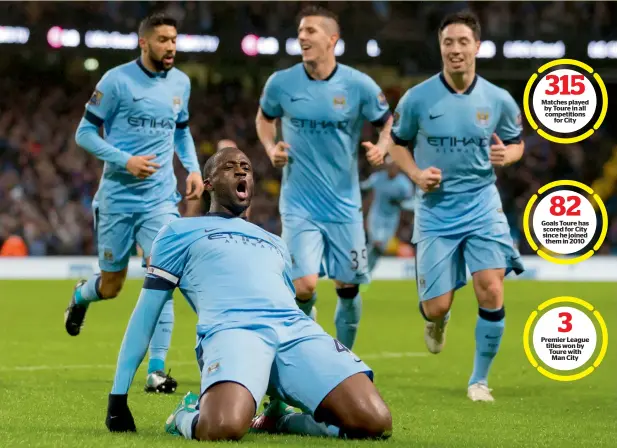  ??  ?? Manchester City’s Yaya Toure (bottom) will go down as one of the club’s greatest and most influentia­l players ever. Matches played by Toure in all competitio­ns for City Goals Toure has scored for City since he joined them in 2010 Premier League titles...