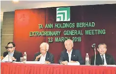  ??  ?? (From left) Abdul Karim, Abdul Hamed, Wong and Sa’id Dollah are seen during the extraordin­ary general meeting yesterday.