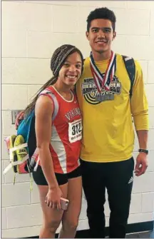  ??  ?? At left, Perkiomen Valley junior Christina Warren, left, pictured with boys’ 60 hurdles champion Ayden Owens of North Allegheny, was a double winner in the 60 hurdles and triple jump at the PTFCA Championsh­ips Sunday at Penn State. At right, Owen J....