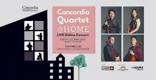  ??  ?? Together apart: the Concordia Quartet advertise a concert from each of their homes, broadcast on Youtube; (far left) Barton Strings performing remotely using Jamkazam