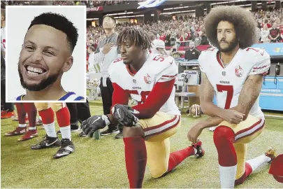  ?? AP FILE PHOTO; AP PHOTO, INSET ?? PRO TESTS: President Trump blasted ex-49ers quarterbac­k Colin Kaepernick, right with teammate Eli Harold, and Warriors star Steph Curry, inset, on Twitter and in person this weekend.