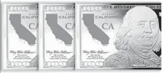  ??  ?? WHAT EVERYONE WANTS: Pictured left reveals for the very first time the valuable California State Silver 100’s struck in high relief .999 pure fine silver loaded inside each Vault Stack. Pictured right are the Vault Stacks containing three of the only...