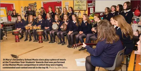  ?? Photo byJohn Delea. ?? St Mary’s Secondary School Music class play a piece of music at the Transition Year Students’ Awards that was performed at the Walton Music competitio­n in which they were highly commended and ranked overall in the top 10.