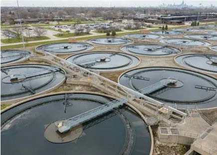  ?? ERIN HOOLEY/CHICAGO TRIBUNE ?? An aerial view shows the Stickney Water Reclamatio­n Plant, operated by the Metropolit­an Water Reclamatio­n District, on April 12 in Cicero. The MWRD has known for more than a decade that its sludge is contaminat­ed with forever chemicals.