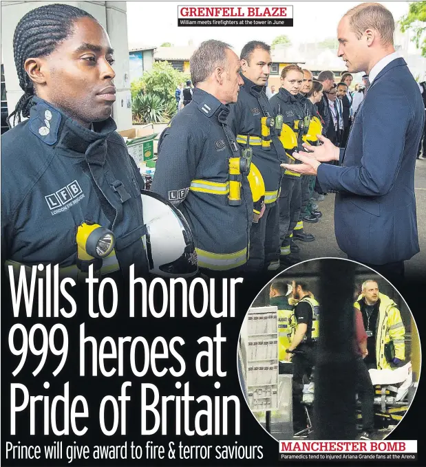  ??  ?? William meets firefighte­rs at the tower in June Paramedics tend to injured Ariana Grande fans at the Arena MANCHESTER BOMB