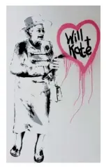  ??  ?? A graffiti artwork believed to be the work of artist Banksy is painted on a buildwork board outside a shop on Bond Street London. It depicts the Queen of England, Elizabeth II, spray painting a heart of with Wi + Kate in the centre.