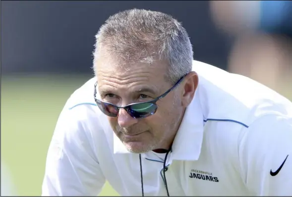  ?? Tribune News Service ?? Jacksonvil­le Jaguars head coach Urban Meyer watches the action during minicamp at TIAA Bank Field on June 15 in Jacksonvil­le, Fla.